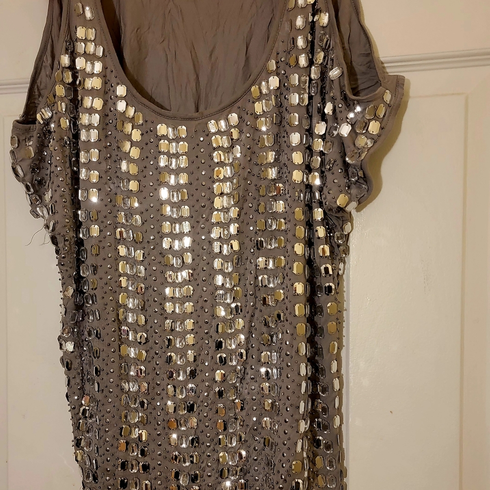 Inc Grey Cold Shoulder Sequined Top Large size
